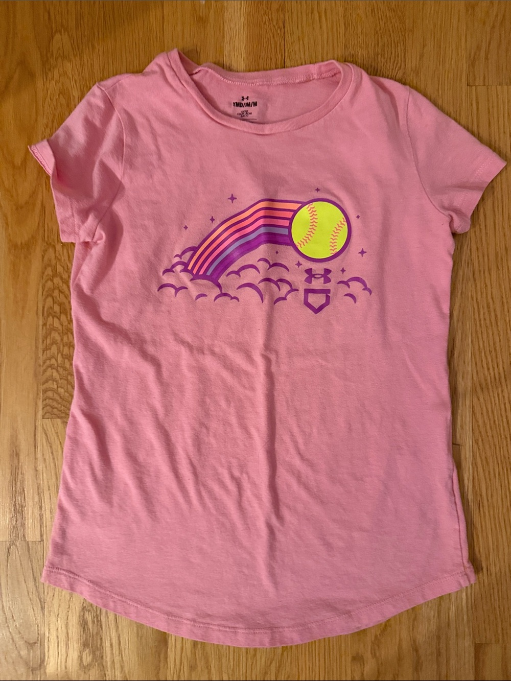 Under Armour Pink Short-Sleeve Tee with Rainbow Softball Graphic